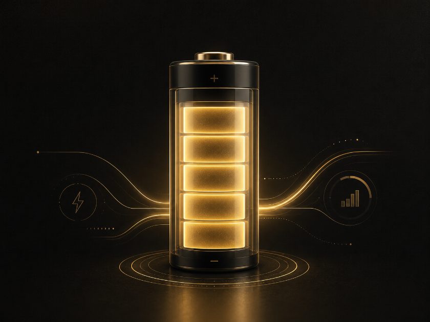 Goldener Akku als Sinnbild: Energie ist die Führungsressource